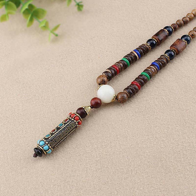 Mythstone Tibetan Om Mani Padme Hum Dzi Bead Wenge Wood Necklace Pendant