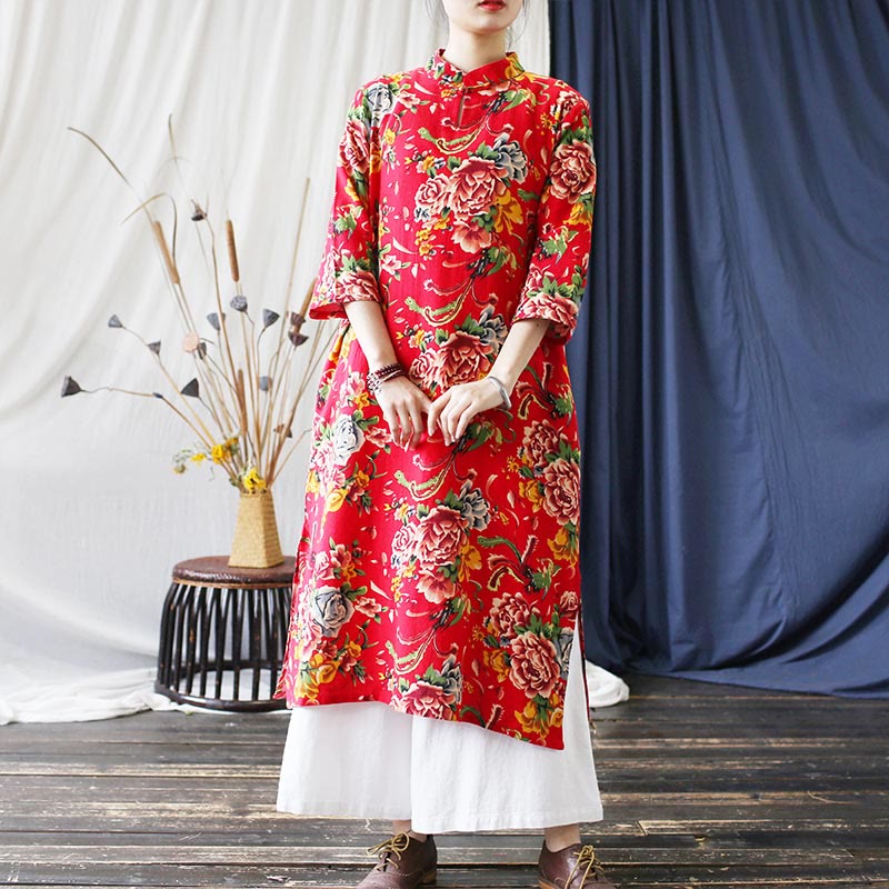 Mythstone Red Blue Peony Midi Dress Half Sleeve Cotton Linen Dress Wide Leg Pants With Pockets