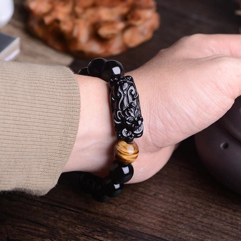 Pulsera de fuerza de ojo de tigre PiXiu con obsidiana negra natural Mythstone 