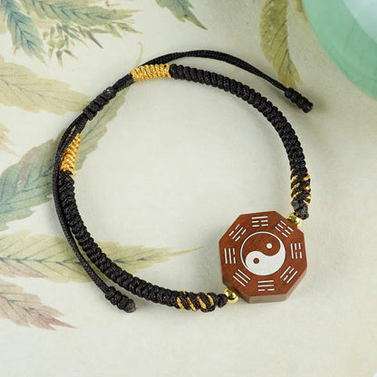 Mythstone Small Leaf Red Sandalwood Jujube Wood Ebony Wood Silver Inlaid Yin Yang Bagua Big Dipper Protection Bracelet