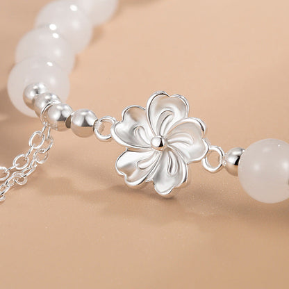 Mythstone White Jade Peach Blossom Petals Flower Luck Bracelet