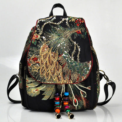 Mythstone Peacock Embroidery Canvas Tassel Backpack