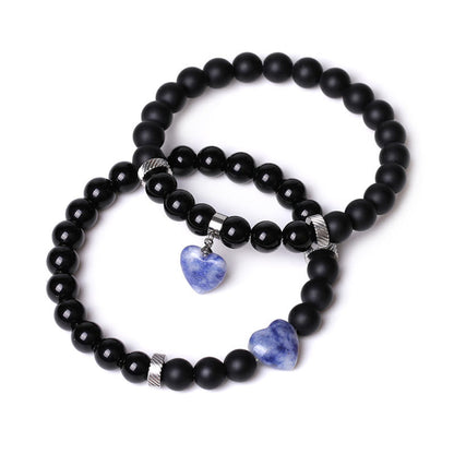 Mythstone 2Pcs Black Onyx Crystal Stone Love Heart Protection Support Couple Bracelet