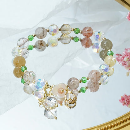 Mythstone Strawberry Quartz Rutilated Quartz Fluorite Flower Healing Bracelet