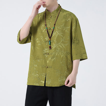 Mythstone Peach Blossom Bamboo Leaves Frog-button Chinese Half Sleeve Shirt Men T-shirt