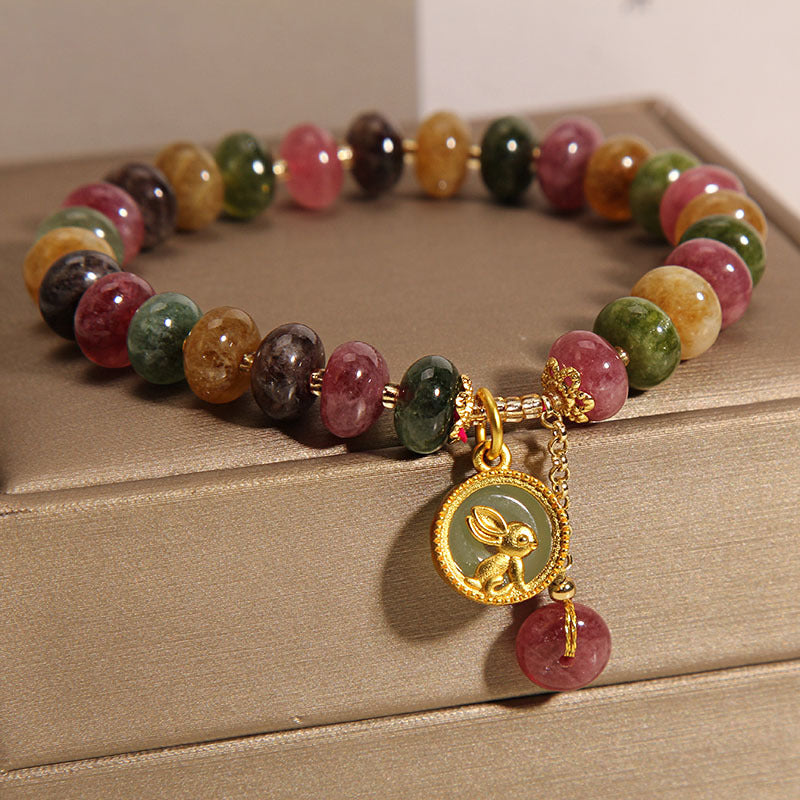 Mythstone Natural Colorful Tourmaline Cute Rabbit Charm Positive Bracelet