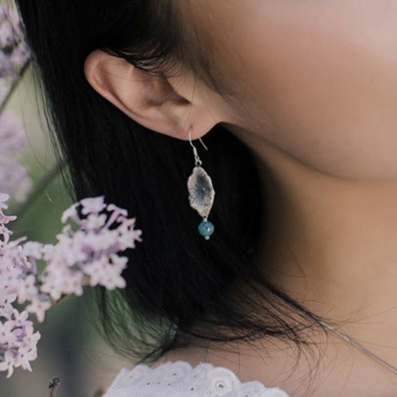 Mythstone 925 Sterling Silver Turquoise Lotus Leaf Protection Drop Dangle Earrings