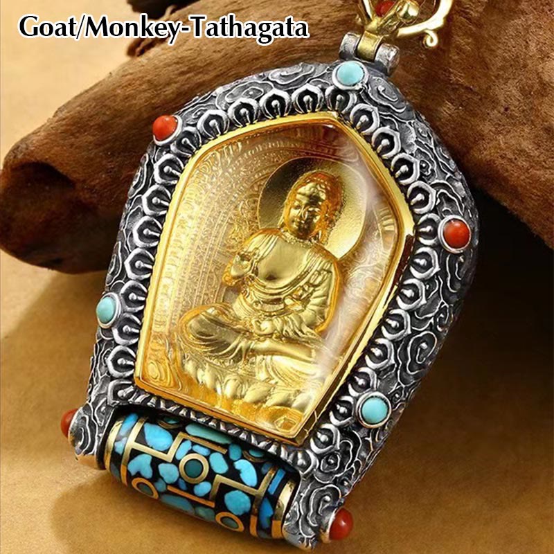 Mythstone Tibet Chinese Zodiac Natal Buddha Thangka Prosperity Rotatable Dzi Bead Necklace Pendant