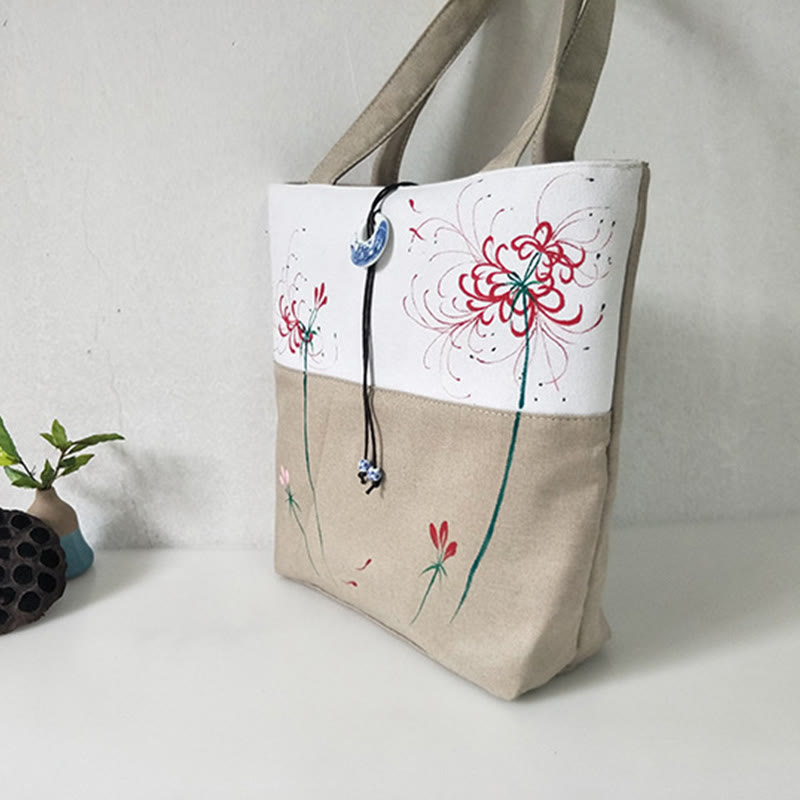 Mythstone Pear Flower Plum Peach Blossom Bamboo Embroidery Canvas Large Capacity Shoulder Bag Tote Bag