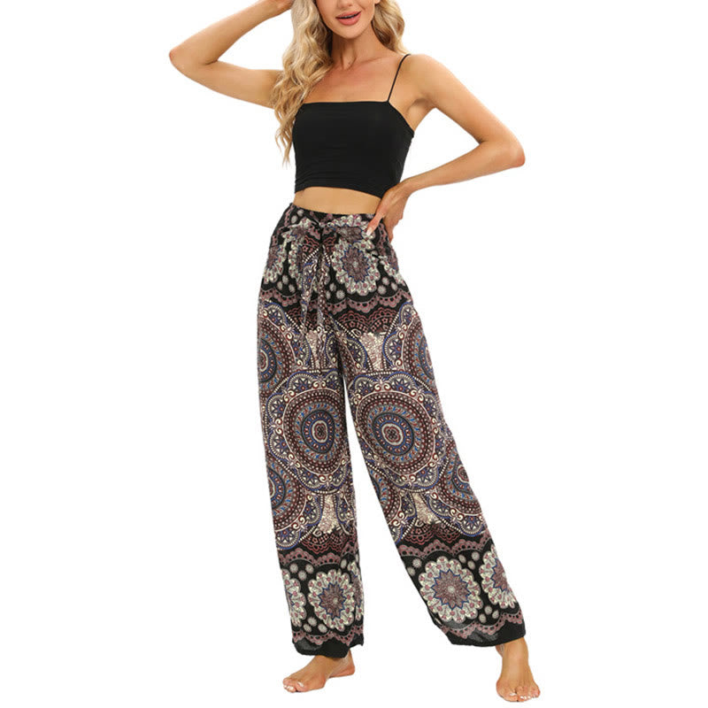 Mythstone Boho Mandala Print Lace-up Wide Leg Pants Women's Yoga Pants