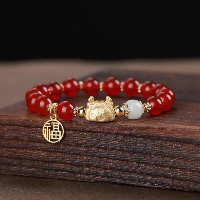 MythStone Year Of The Dragon Red Agate Gray Agate Dumpling Luck Fu Character Bracelet