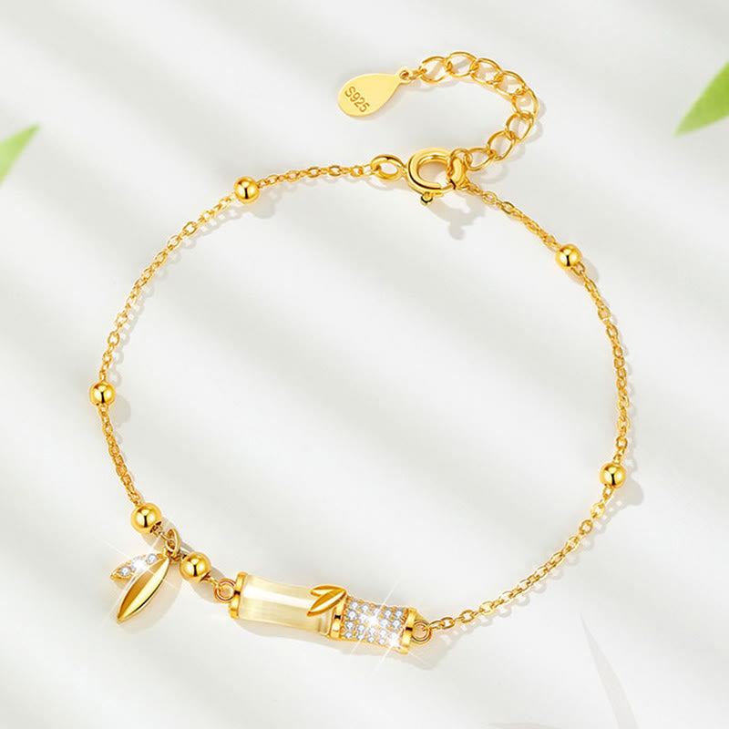 Mythstone 925 Sterling Silver 18K Gold Plated White Jade Bamboo Zircon Leaf Luck Bracelet