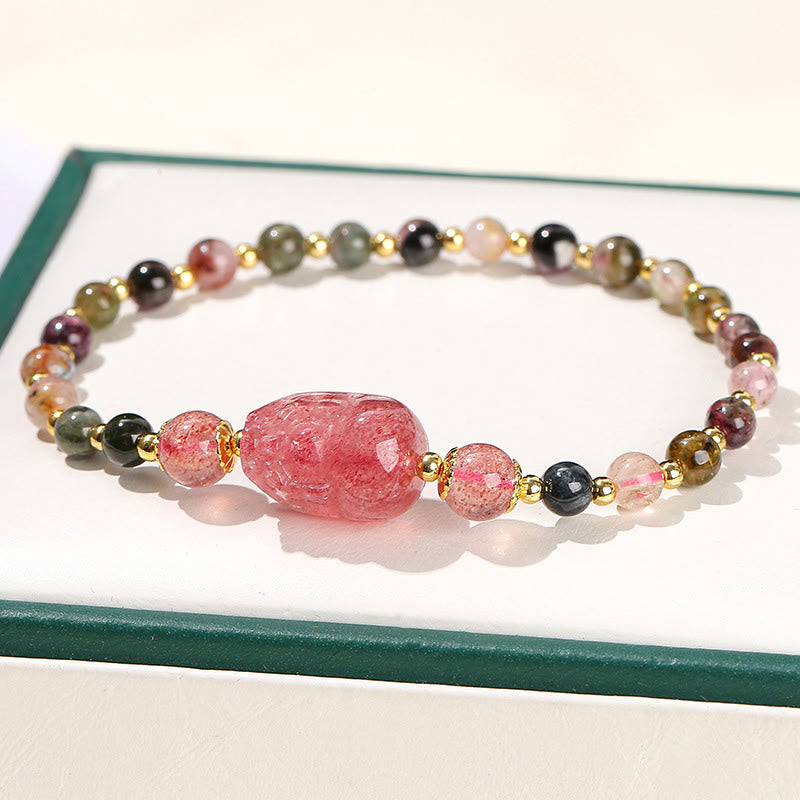 Mythstone Moonstone Strawberry Quartz Tourmaline PiXiu Healing Bracelet