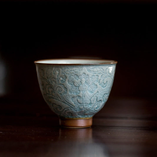 Mythstone Lotus Carved Ceramic Teacup Kung Fu Tea Cup