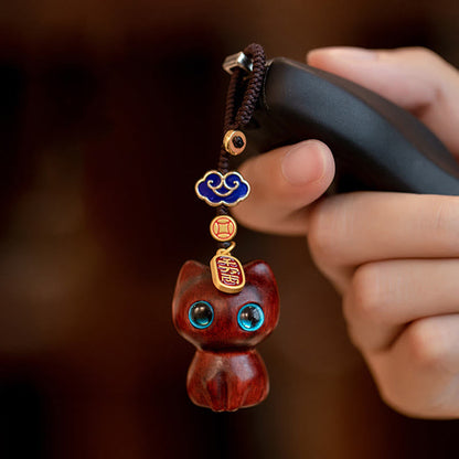 Mythstone Small Leaf Red Sandalwood Ebony Wood Lucky Cat Protection Key Chain Phone Hanging Decoration