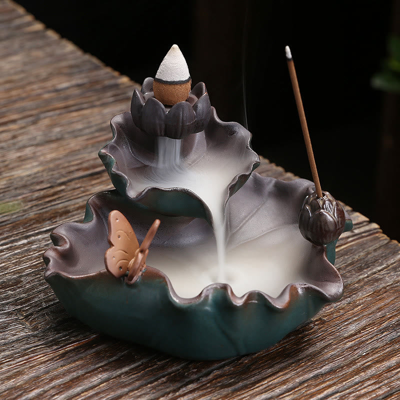 Mythstone Lotus Flower Leaf Frog Butterfly Pattern Healing Ceramic Incense Burner Decoration