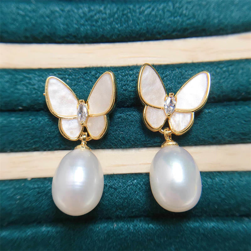 Mythstone 925 Sterling Silver Posts 18K Gold Plated Copper Pearl Butterfly Optimism Stud Earrings