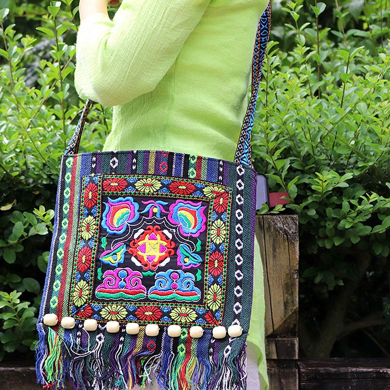 Mythstone Tibetan Handmade Embroidered Camellia Canvas Shoulder Bag Crossbody Bag