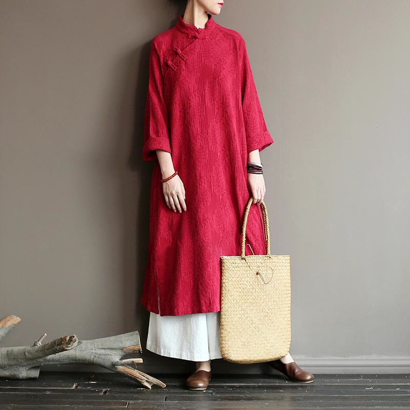 Mythstone Flower Jacquard Midi Dress Long Sleeve Cotton Linen Dress Wide Leg Pants With Pockets