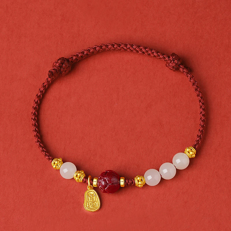 Mythstone 24K Gold Plated Hetian White Jade Cinnabar Lotus Luck Rope Bracelet