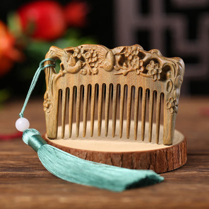 Mythstone Green Sandalwood Fox Peony Flower Lotus Engraved Cure Tassel Comb