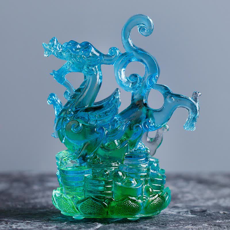 Mythstone Feng Shui Four Symbols Azure Dragon Handmade Liuli Crystal Art Piece Home Office Decoration