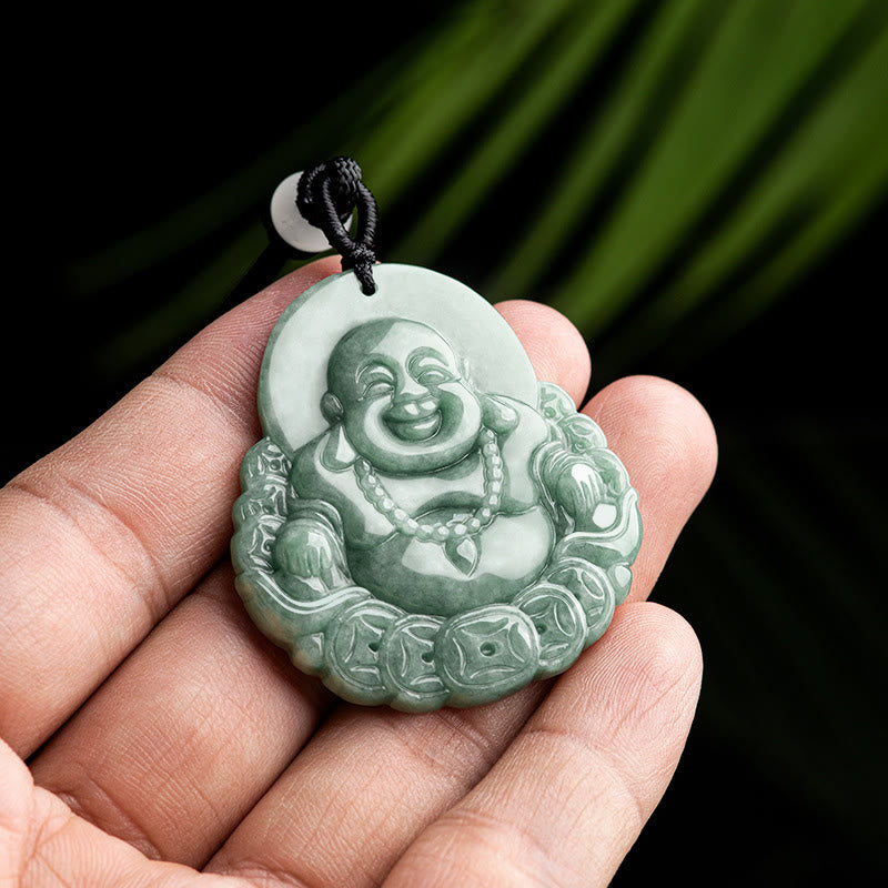 Mythstone Laughing Buddha Natural Jade Copper Coin Abundance Necklace Pendant