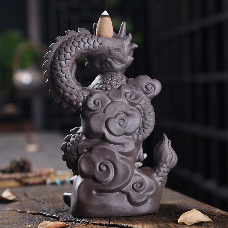 Mythstone Dragon Buddha Auspicious Clouds Purple Clay Healing Incense Burner Decoration