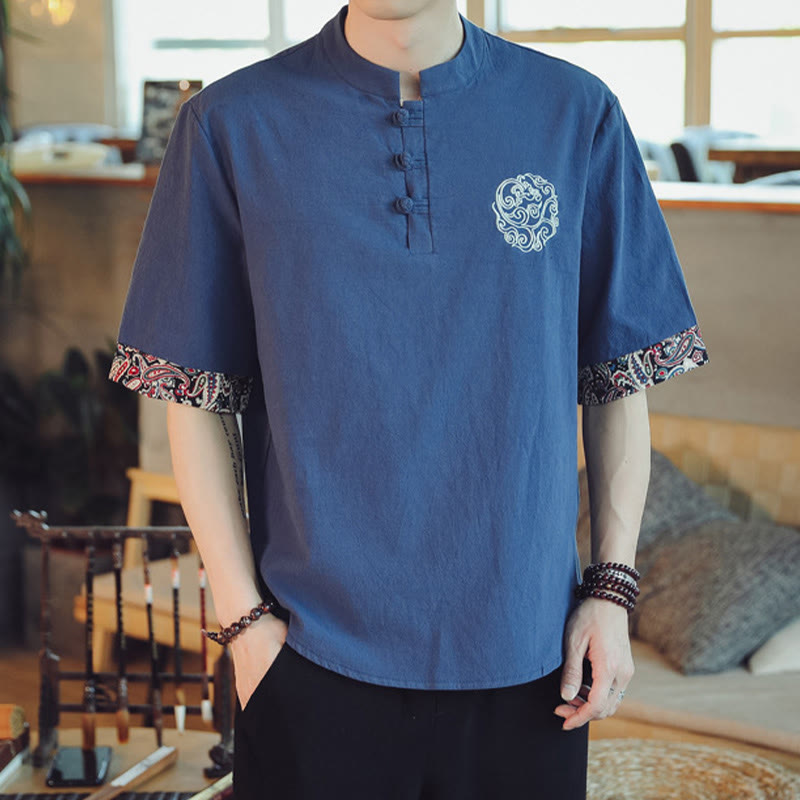 Mythstone Frog-Button Dragon Embroidery Chinese Tang Suit Short Sleeve Shirt Linen Men Clothing