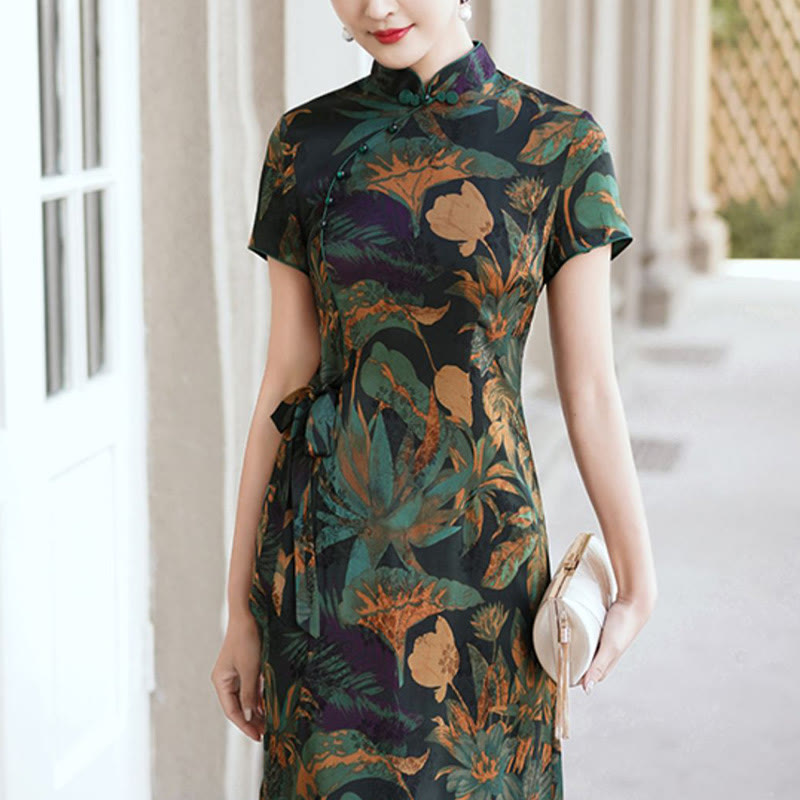 Mythstone Silk Qipao Dress Retro Flower Leaf Pattern Women's Cheongsam Dress