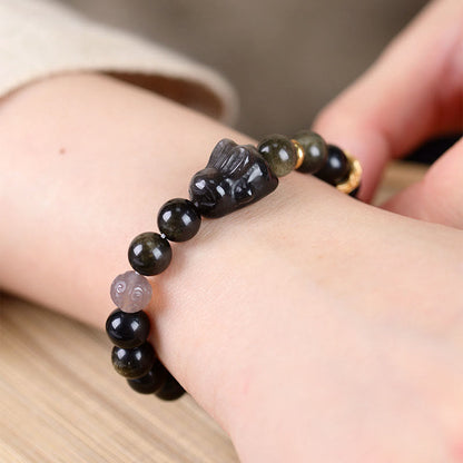 Mythstone Gold Sheen Obsidian Black Obsidian Silver Sheen Obsidian Cute Rabbit Protection Bracelet