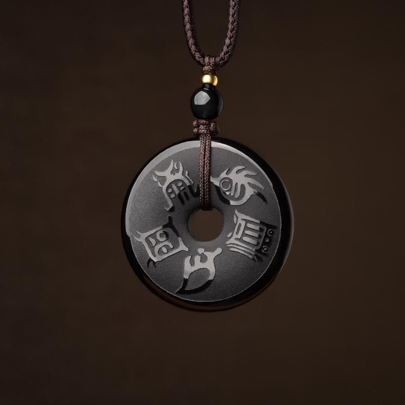 Mythstone Black Obsidian Taoism Five Sacred Mountains Carved Strength Peace Buckle Necklace Pendant Key Chain Phone Hanging Decoration