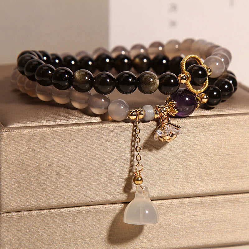 Mythstone Gold Sheen Obsidian Gray Agate Lotus Charm Strengthen Double Wrap Bracelet