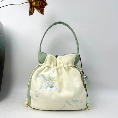 Mythstone Embroidered Butterfly Lotus Magnolia Cotton Linen Tote Crossbody Bag Shoulder Bag Handbag