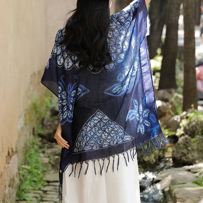 Mythstone Blue Butterfly Batik Shawl Tassels Cozy Travel Pullover 90*95cm