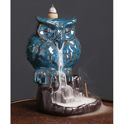 Mythstone Cute Owl Ceramic Backflow Smoke Fountain Meditation Healing Incense Burner Decoration