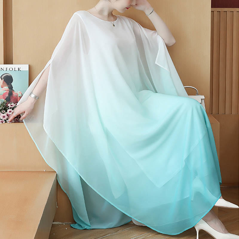 Mythstone Gradient Color Half Sleeve Chiffon Midi Dress Meditation Zen Practice