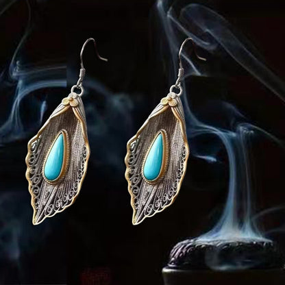 Mythstone 925 Sterling Silver Turquoise Bodhi Leaf Pattern Protection Drop Dangle Earrings