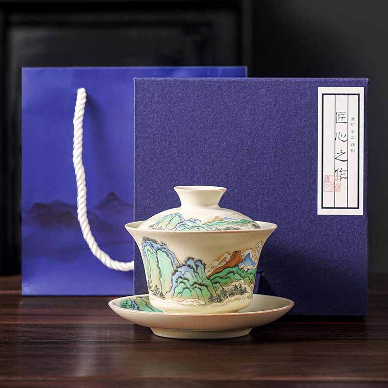 Mythstone A Panorama of Rivers and Mountains Flowers Ceramic Gaiwan Sancai Teacup Kung Fu Tea Cup And Saucer With Lid