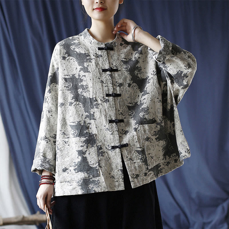 Mythstone Black Gray Print Frog-button Design Long Sleeve Cotton Linen Jacket Shirt With Pockets