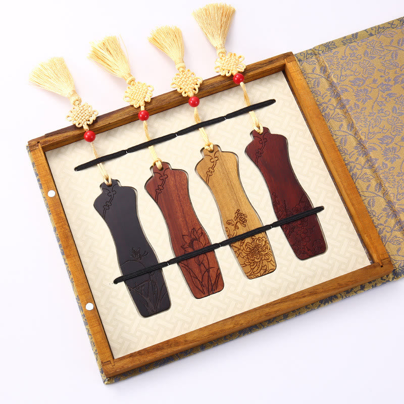 Mythstone 4Pcs Four Seasons Plum Orchid Bamboo Chrysanthemum Peking Opera Mask Wood Bookmarks With Gift Box