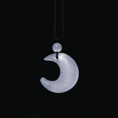 Mythstone Natural Silver Sheen Obsidian Selenite Crystal Crescent Moon Yin Yang Couple Protection Necklace Pendant