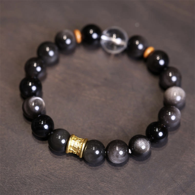 Pulsera protectora con cuentas de obsidiana de plata natural y brillo Om Mani Padme Hum de Mythstone