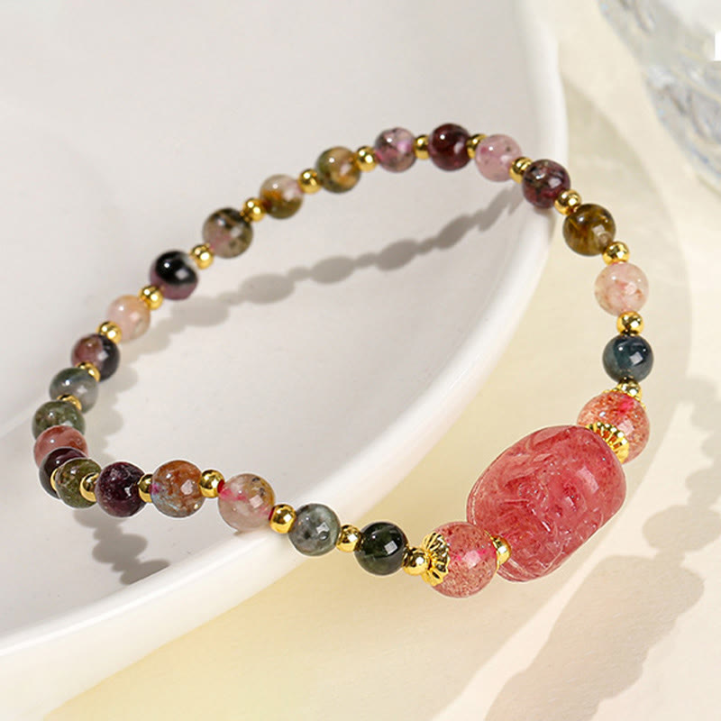 Mythstone Moonstone Strawberry Quartz Tourmaline PiXiu Healing Bracelet