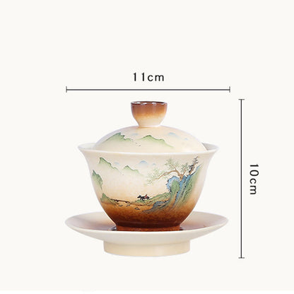 Mythstone Mountain Landscape Countryside Ceramic Gaiwan Sancai Teacup Kung Fu Tea Cup And Saucer With Lid