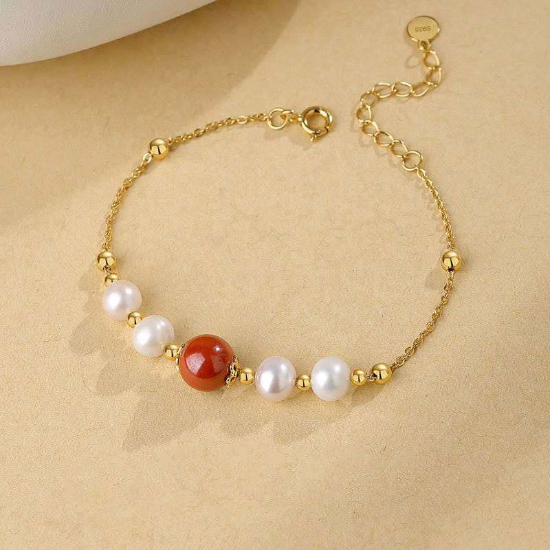 Mythstone 925 Sterling Silver Pearl Cinnabar Healing Bead Chain Bracelet