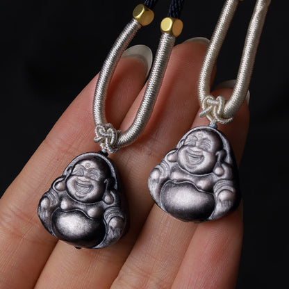 Mythstone Natural Silver Sheen Obsidian Laughing Buddha Protection Necklace Pendant