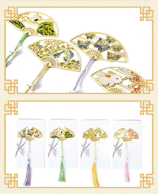 Mythstone Traditional Butterfly Lotus Flower Crane Dragon Phoenix Fox Koi Fish New Beginning Metal Brass Hollow Fan Bookmarks