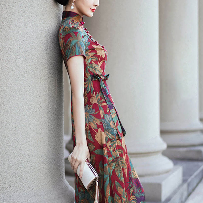 Mythstone Silk Qipao Dress Retro Flower Leaf Pattern Women's Cheongsam Dress