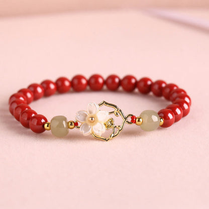 MythStone Natural Cinnabar Jade Beaded Tridacna Stone Flower Blessing Bracelet